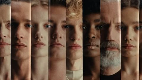 Close-up collage of diverse faces, featuring men and women with varying skin tones and ages, presented in vertical panels.