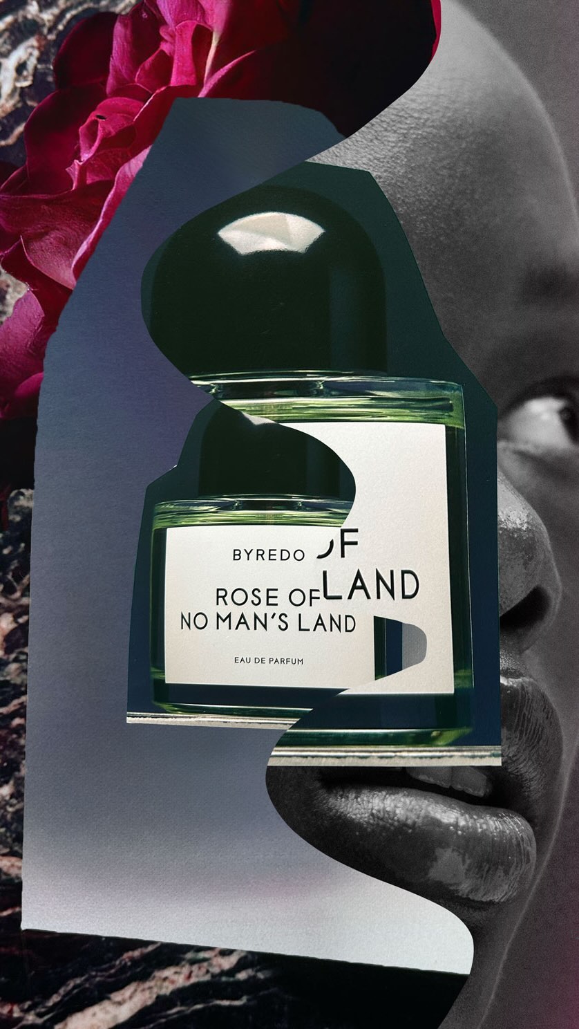 Byredo 'Rose of No Man's Land' perfume bottle features in a collage of flowers and monochrome human face, against a grey background.