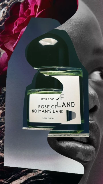 Byredo 'Rose of No Man's Land' perfume bottle features in a collage of flowers and monochrome human face, against a grey background.