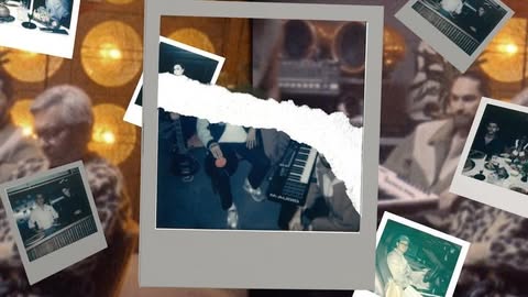 Collage with an adult male playing a keyboard with photographs and vintage musical equipment in the background.