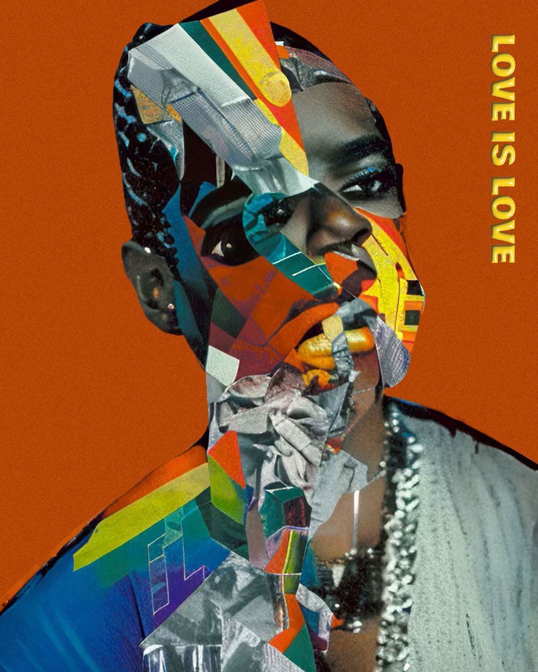 Collage portrait of a person with colorful paper pieces, showcasing diverse textures and patterns, against a solid orange background. 