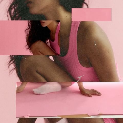Woman in pink tank top crouches on a pink surface with visual distortion effects, creating a retro, abstract, and artistic aesthetic.