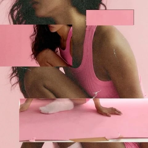 Woman in pink tank top crouches on a pink surface with visual distortion effects, creating a retro, abstract, and artistic aesthetic.