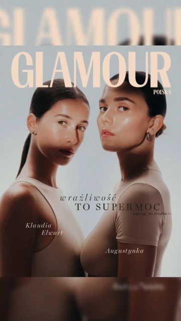 Glamour Poland magazine cover featuring two women with fair skin in matching tops, posing close together against a neutral background.