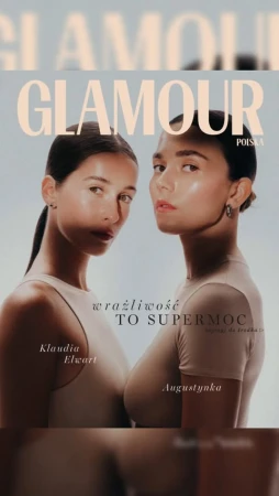 Glamour Poland magazine cover featuring two women with fair skin in matching tops, posing close together against a neutral background.