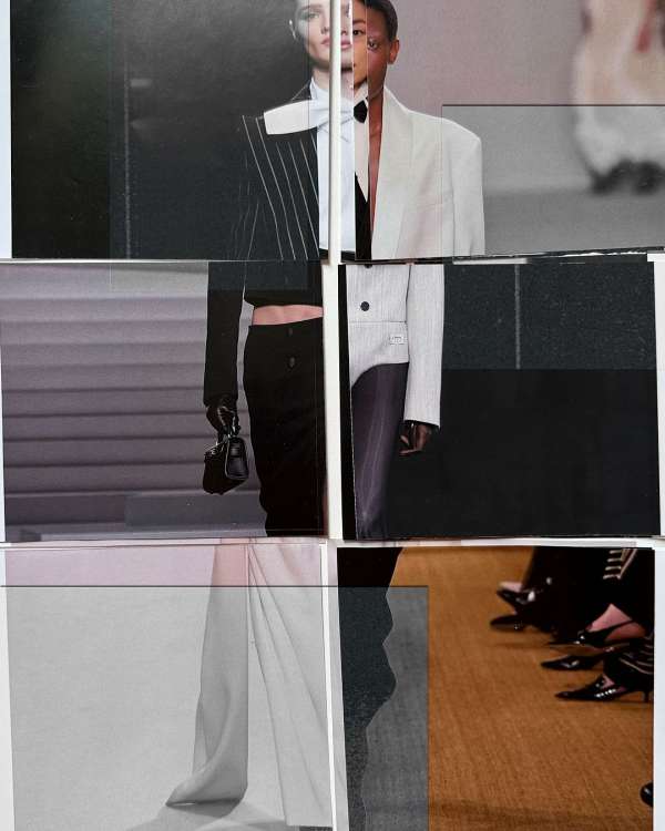 Fashion collage features two women in white and black suits on a runway, creating a visually striking and modern composition.