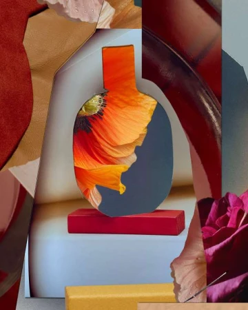 Abstract floral still life featuring an orange flower cutout in a vase shape, set on colored blocks with roses and leather scraps.