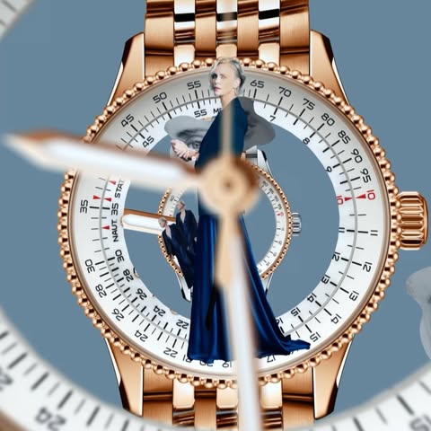 Elegant woman wearing a long blue dress standing behind a luxury gold watch with visible mechanics and numerals on a light blue backdrop.