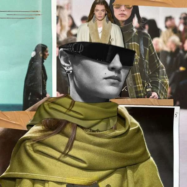 Collage of fashion photos featuring a grayscale portrait of a person with sunglasses and jewelry, overlaid with images of clothing and models.