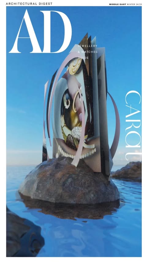 Magazine cover features jewelry art installation on a rock in the water. The sky is blue in the background and includes the publication's name.