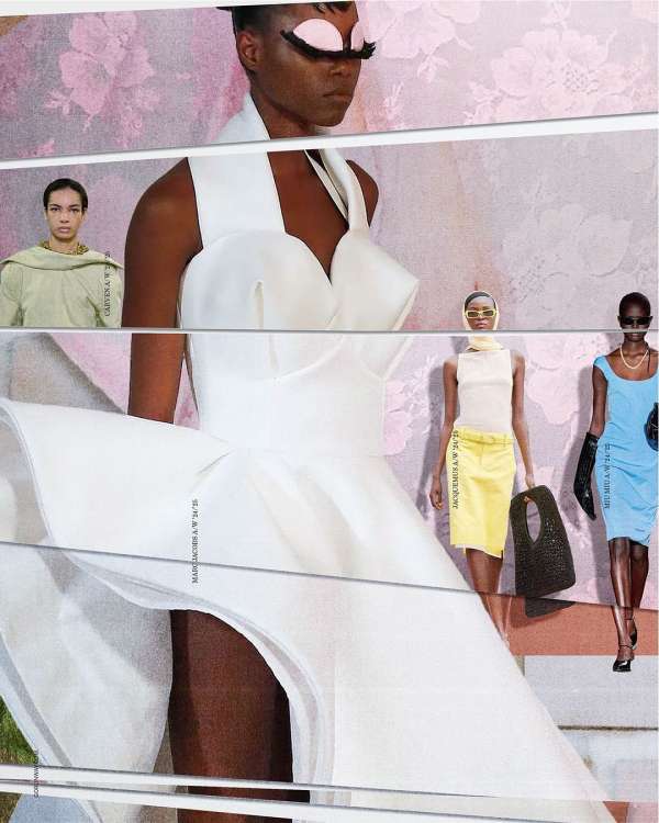 Models display garments from a fashion show with colorful backdrop; white dress is the primary subject.