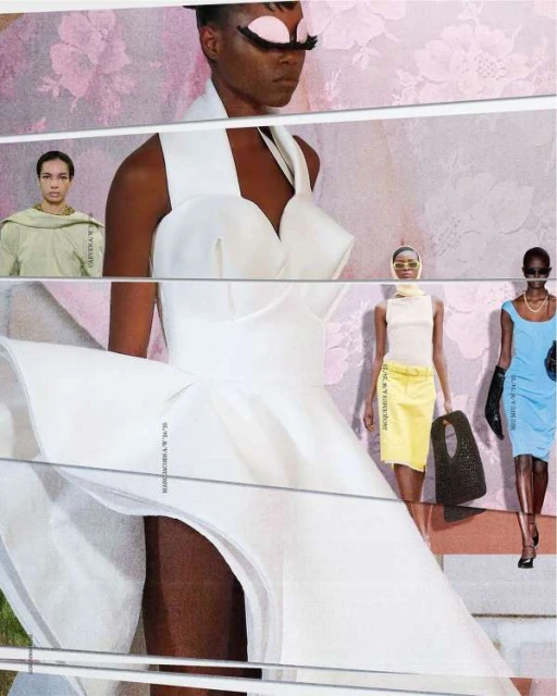 Models display garments from a fashion show with colorful backdrop; white dress is the primary subject.