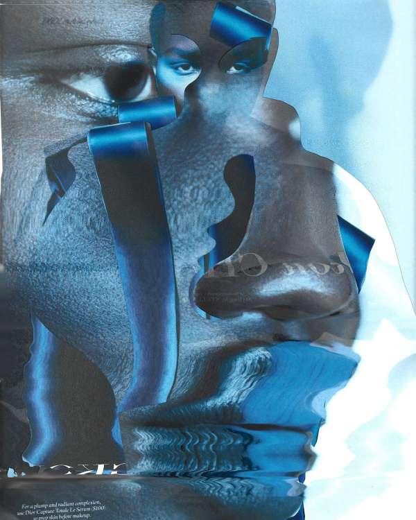 Abstract fashion portrait with a woman and blue accents in a surreal, distorted aesthetic, capturing a unique and stylized visual.