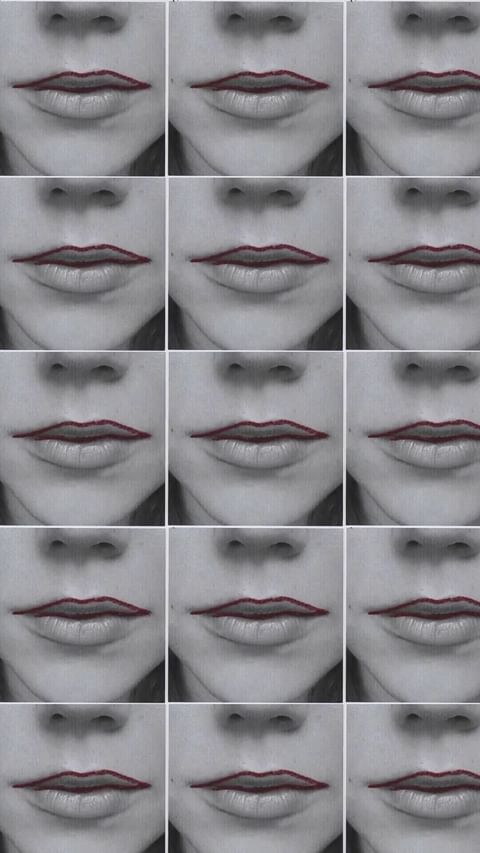 Multiple close-up views of a woman's mouth with red lip liner accentuating the shape of her lips, showcased in a grid pattern.