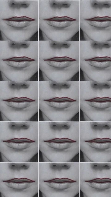 Multiple close-up views of a woman's mouth with red lip liner accentuating the shape of her lips, showcased in a grid pattern.