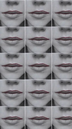 Multiple close-up views of a woman's mouth with red lip liner accentuating the shape of her lips, showcased in a grid pattern.