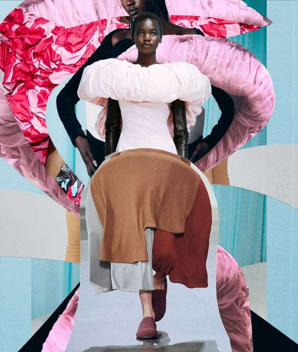 Runway collage of a woman modeling a sculptural white dress with an oversized collar, set against a deconstructed backdrop of pastel hues.