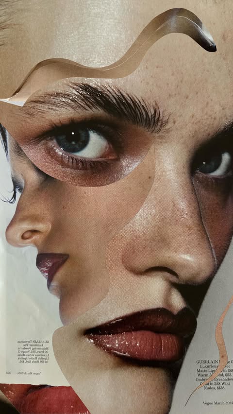 Collage of a woman's face from magazine cutouts, creating fragmented features with glossy lips and light skin tones.