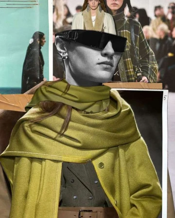 Collage featuring a person wearing sunglasses and a green coat, overlaid with fashion magazine-style imagery and other printed media.