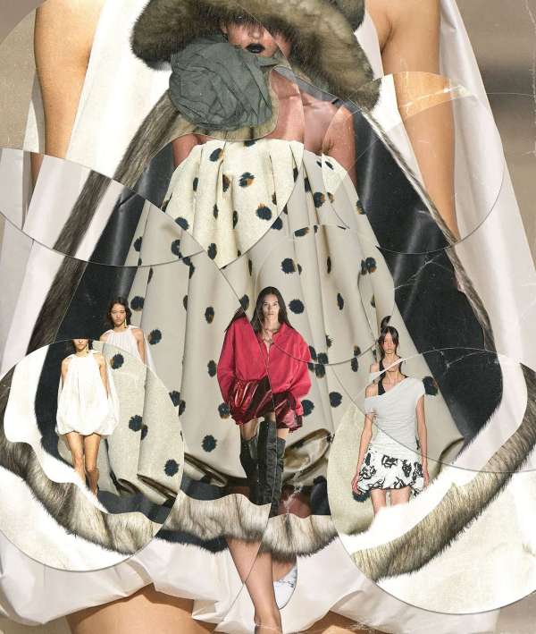 Abstract fashion collage of runway models in dresses with textural fur accents and polka dot patterns on a neutral background.