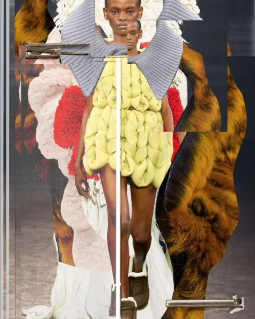 Collage of a Black woman in a yellow knit dress, blending fashion and art. The artwork features layered textures and a neutral background.