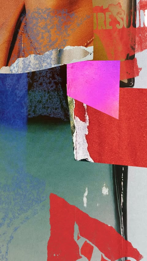 Abstract collage art featuring layers of textured and colored paper scraps in red, pink, blue, and green tones with visible text.