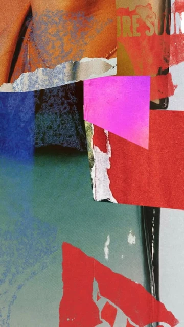 Abstract collage art featuring layers of textured and colored paper scraps in red, pink, blue, and green tones with visible text.