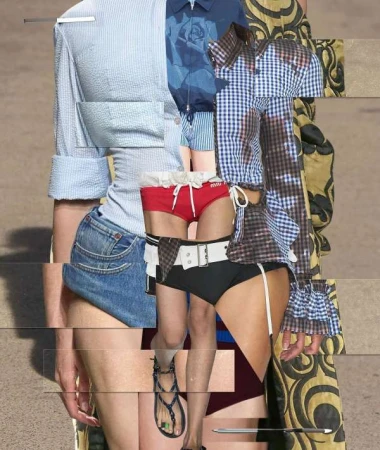 Collage of garment sections including shirts, shorts, bikini bottoms, and sandals in a studio setting for fashion editorial concept.