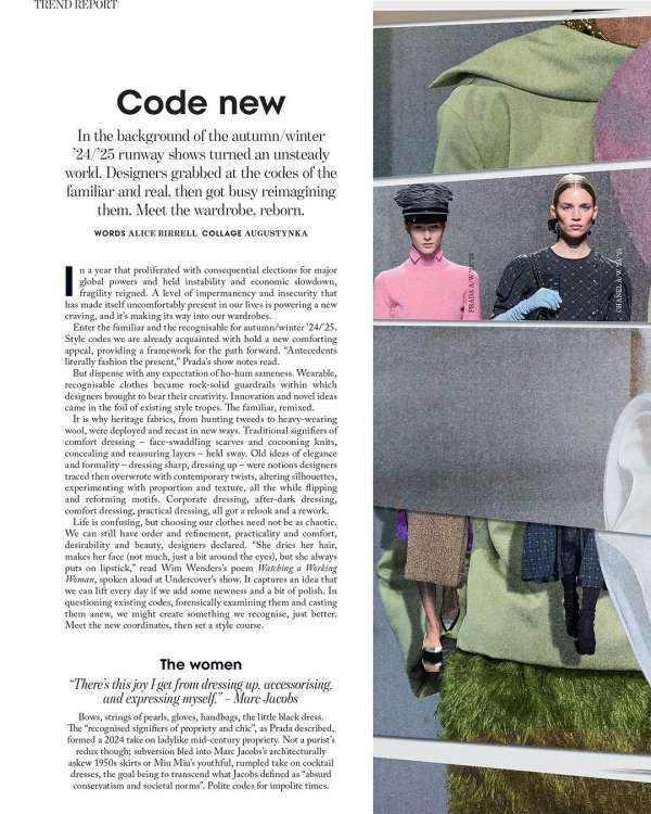 Editorial fashion spread: two runway models wearing designer clothing and hats, next to printed article text on trend report page.