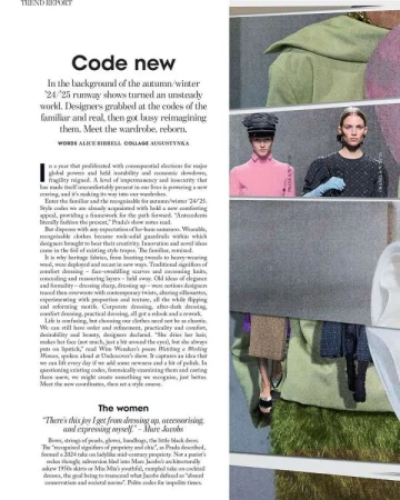 Editorial fashion spread: two runway models wearing designer clothing and hats, next to printed article text on trend report page.