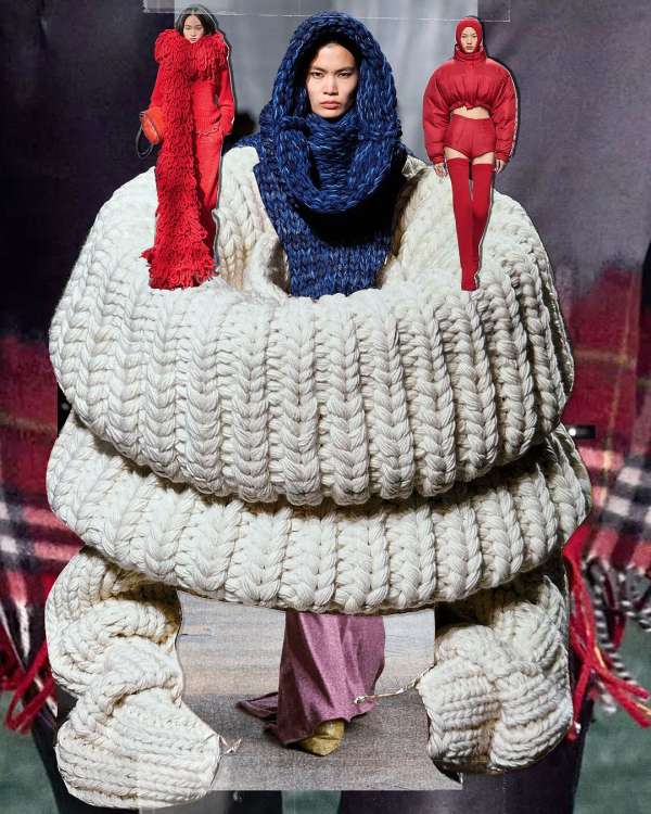Collage with central figure in large knitwear, flanked by fashion models in red outfits, set against a plaid fabric backdrop.