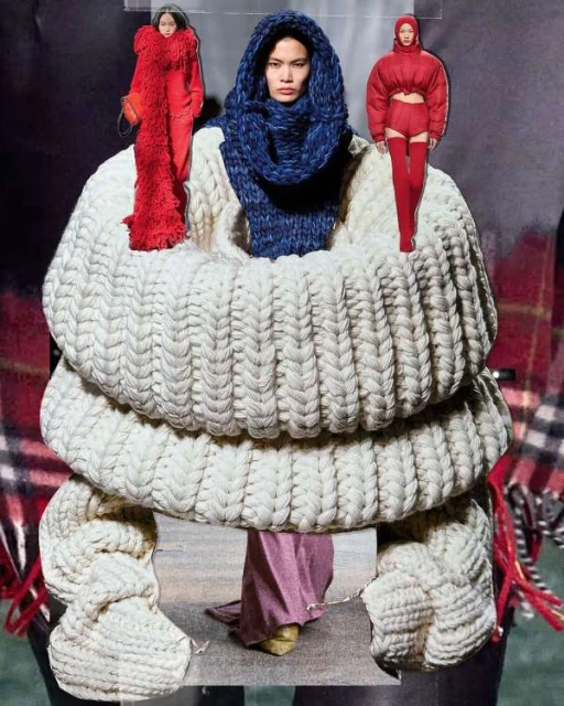 Collage with central figure in large knitwear, flanked by fashion models in red outfits, set against a plaid fabric backdrop.