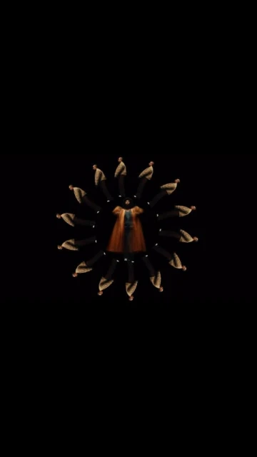 Kaleidoscopic fashion video with people arranged in a circle around a dress in a black background, creating a dynamic visual pattern.