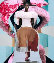 Collage illustration by Augustynka featuring a model in sculptural fashion against a layered paper backdrop.