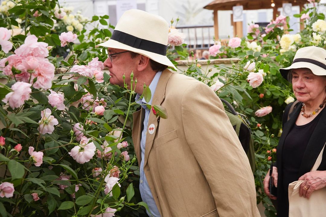 Man in a hat smelling pink roses, with another person in a hat in the background, in an outdoor garden setting with abundant foliage.