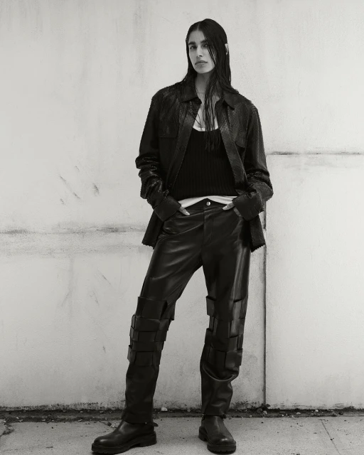 Monochrome fashion shot: a woman poses in a leather jacket, tank top, and unique pants with straps, standing against a textured concrete wall.