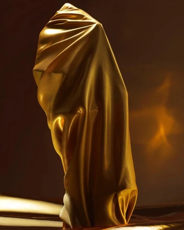 Abstract digital rendering: Gold-colored fabric drapes over a form, with soft light creating depth and texture against a dark background.