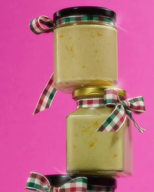 Three jars of food product stacked with ribbons. Jars have black and gold lids. The background is a pink color. Close-up shot.