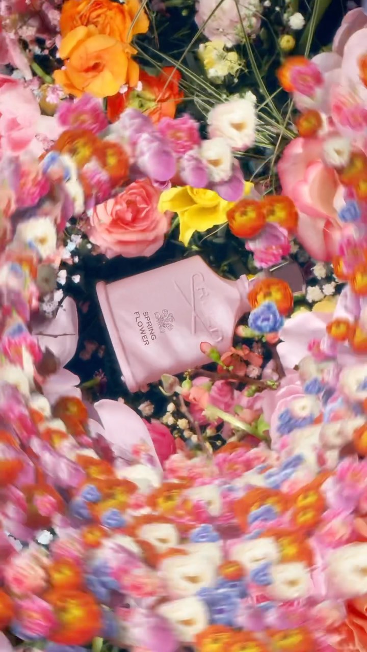 Overhead view of a pink perfume bottle surrounded by colorful array of fresh flowers, creating a vibrant and visually striking composition.