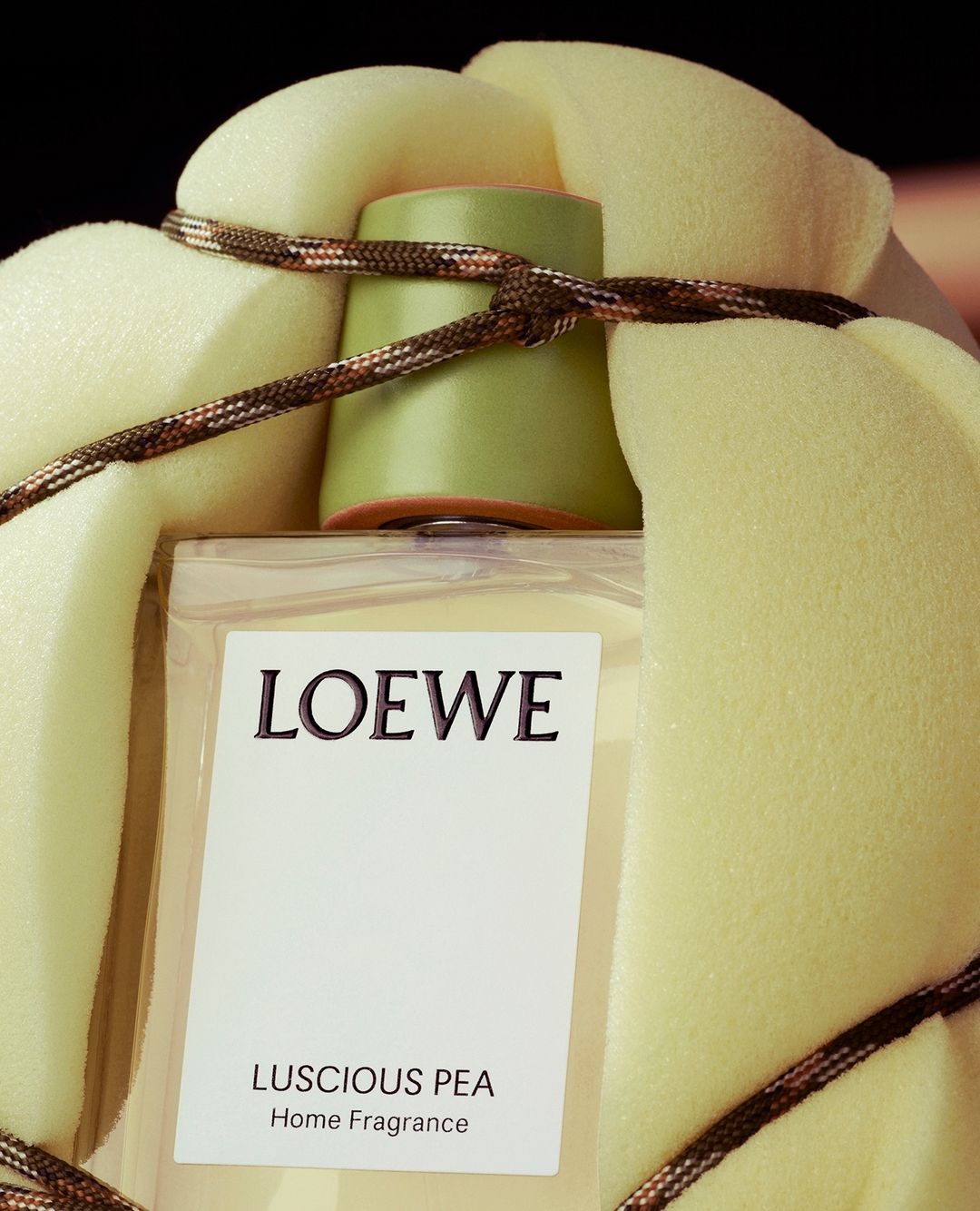 Loewe 'Luscious Pea' home fragrance bottle wrapped in cushioned foam and decorative cord, showcasing a minimalist and elegant design.