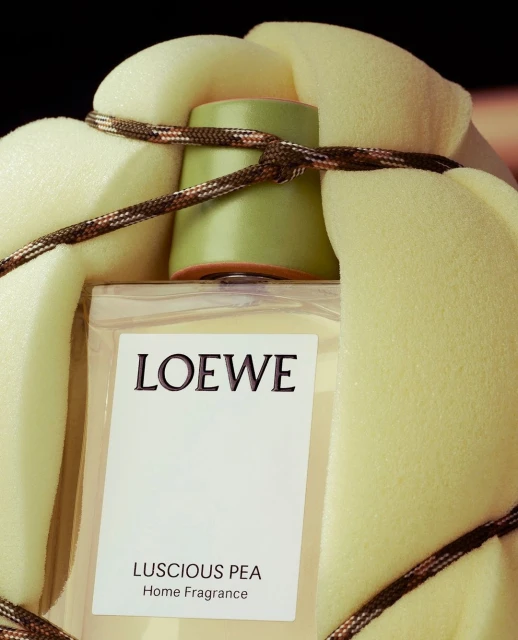 Loewe 'Luscious Pea' home fragrance bottle wrapped in cushioned foam and decorative cord, showcasing a minimalist and elegant design.