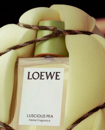 Loewe 'Luscious Pea' home fragrance bottle wrapped in cushioned foam and decorative cord, showcasing a minimalist and elegant design.