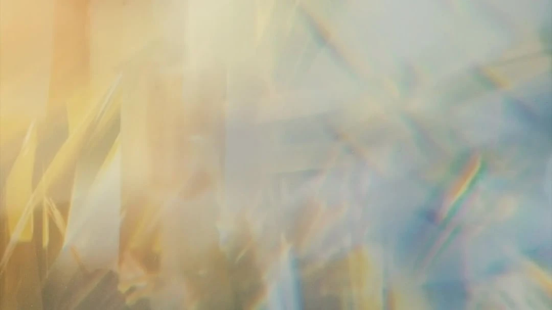 Abstract blurred background of leaves in shades of yellow and blue, with a soft, dreamy aesthetic and subtle rainbow prism.