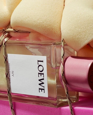 Loewe Ivy home fragrance displayed in a glass bottle with a pink cap and decorative rope, set against a pink background and beige foam.