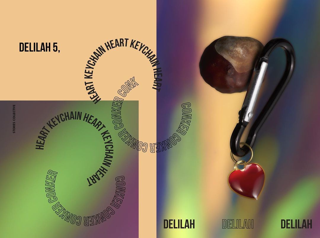 Stylized promotional image features a conker with a carabiner clip and heart keychain against a creatively-designed backdrop with text overlays.