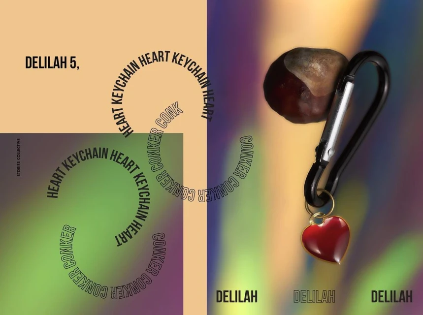 Stylized promotional image features a conker with a carabiner clip and heart keychain against a creatively-designed backdrop with text overlays.