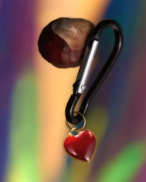 Black metal carabiner clip attached to a brown chestnut and a red heart charm against an iridescent background.