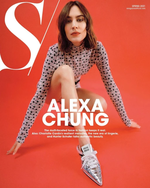 Fashion magazine cover featuring Alexa Chung in patterned top and silver shoes against a red background with magazine text and branding.