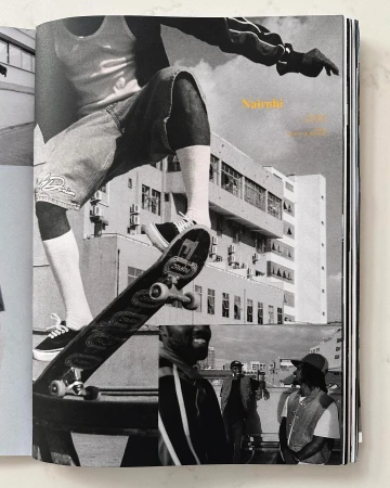 Black and white editorial magazine spread showing a skateboarder mid-air over a building exterior and smaller portraits below.