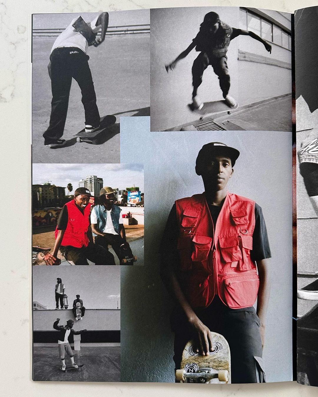 Collage of skateboarders in action and portrait shots, wearing casual clothing, captured with black and white and color photography styles.